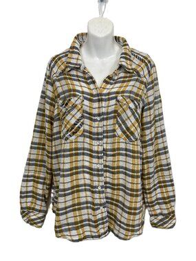 Free People Plaid Button-Down Shirt Mustard Yellow Grey Size: L